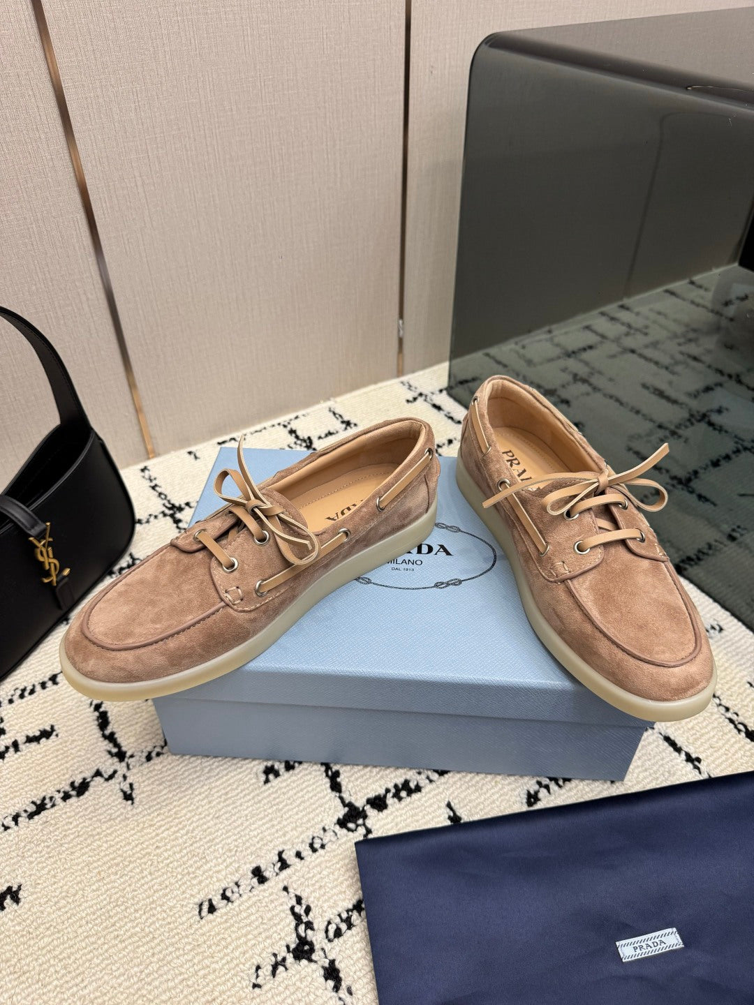 PRADA 26S LOAFERS IN BEIGE SUEDE WITH RUBBER SOLE