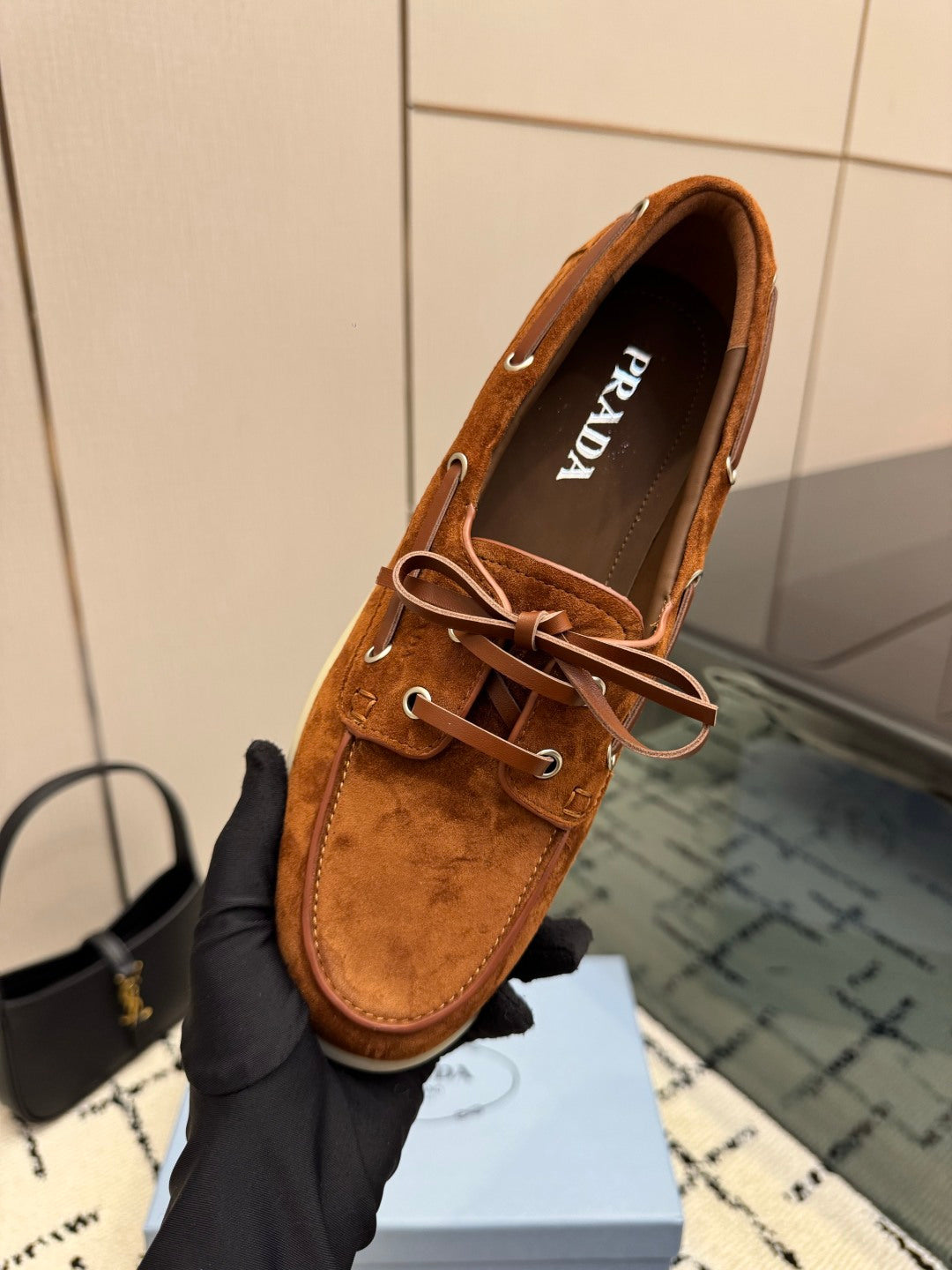 PRADA 26S LOAFERS IN COGNAC BROWN SUEDE WITH RUBBER SOLE