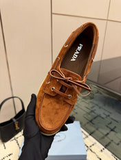 PRADA 26S LOAFERS IN COGNAC BROWN SUEDE WITH RUBBER SOLE