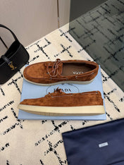 PRADA 26S LOAFERS IN COGNAC BROWN SUEDE WITH RUBBER SOLE