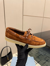 PRADA 26S LOAFERS IN COGNAC BROWN SUEDE WITH RUBBER SOLE