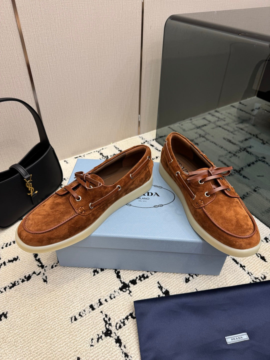 PRADA 26S LOAFERS IN COGNAC BROWN SUEDE WITH RUBBER SOLE