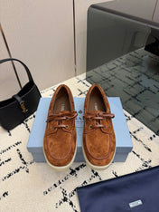 PRADA 26S LOAFERS IN COGNAC BROWN SUEDE WITH RUBBER SOLE