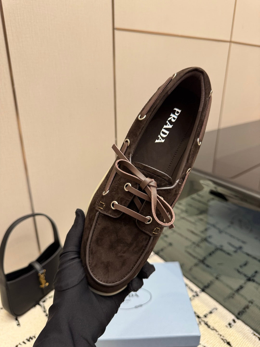 PRADA 26S LOAFERS IN DARK BROWN SUEDE WITH RUBBER SOLE