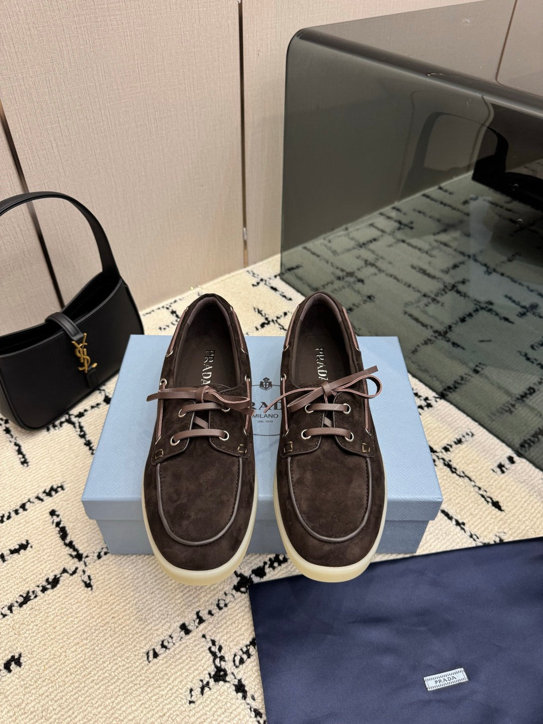 PRADA 26S LOAFERS IN DARK BROWN SUEDE WITH RUBBER SOLE