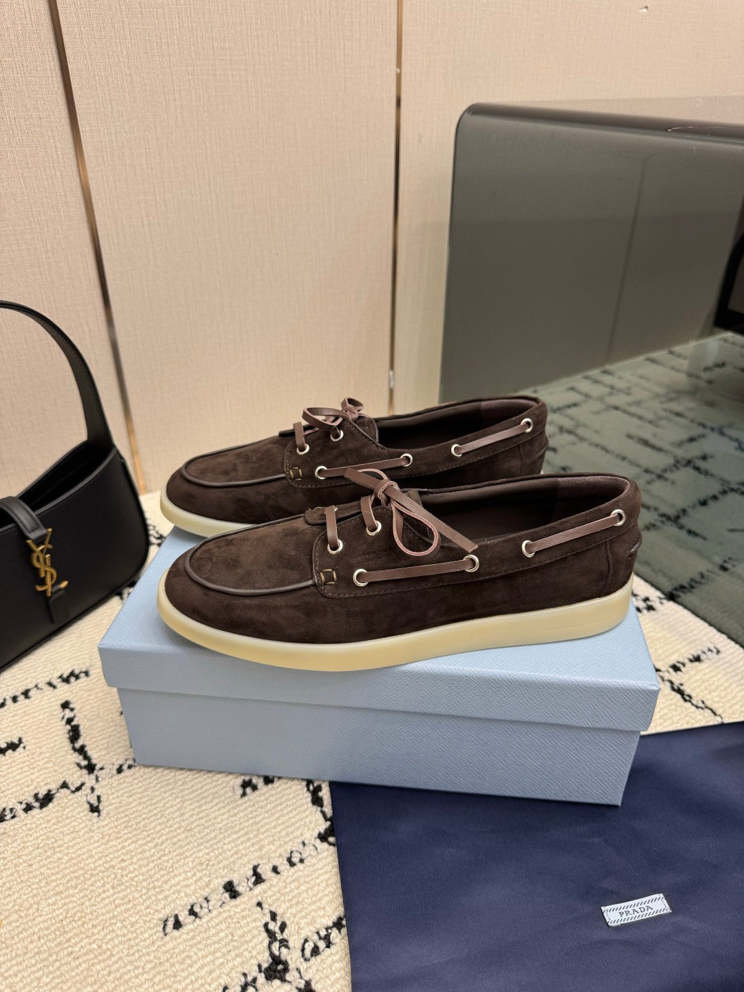 PRADA 26S LOAFERS IN DARK BROWN SUEDE WITH RUBBER SOLE