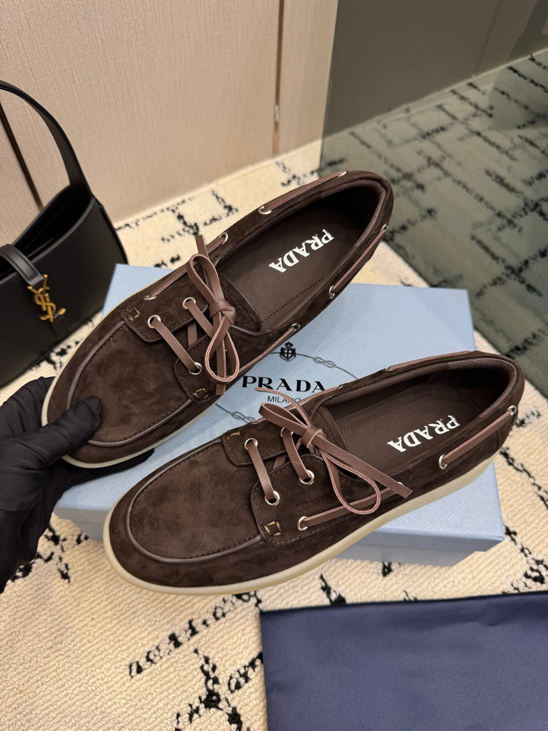 PRADA 26S LOAFERS IN DARK BROWN SUEDE WITH RUBBER SOLE