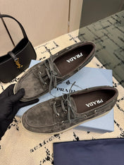 PRADA 26S LOAFERS IN SLATE GREY SUEDE WITH RUBBER SOLE