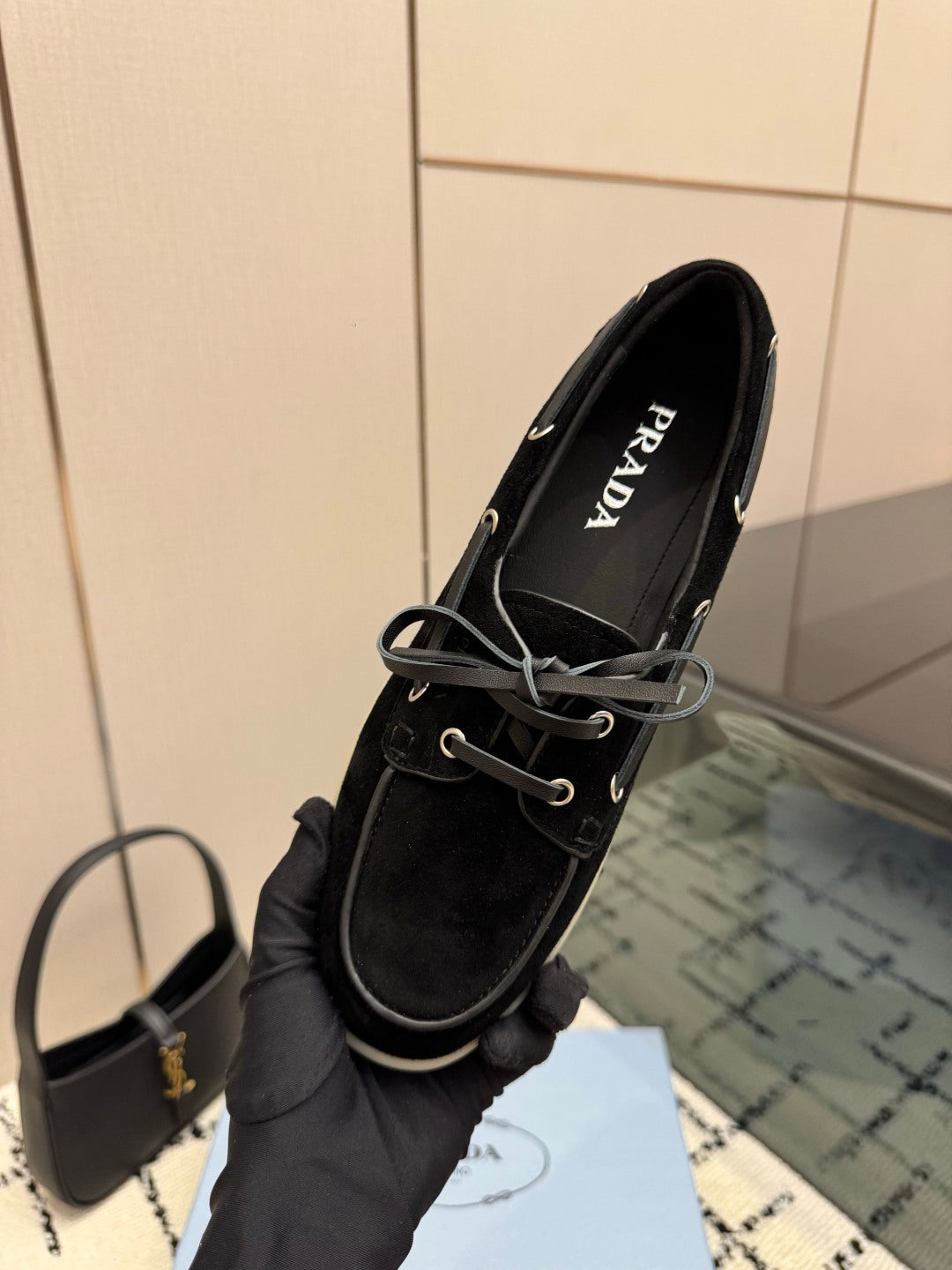 PRADA 26S LOAFERS IN BLACK SUEDE WITH RUBBER SOLE