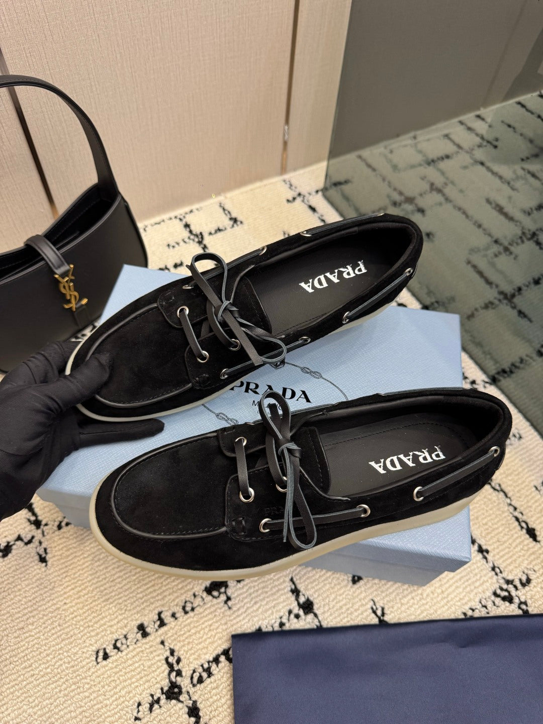 PRADA 26S LOAFERS IN BLACK SUEDE WITH RUBBER SOLE