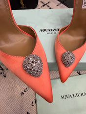 AQUAZZURA 26S POINTED-TOE PUMPS 105 MM IN LIGHT ORANGE SATIN