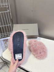 BALENCIAGA 25S SOFT FUR SLIPPERS IN LIGHT PINK FUR WITH RHINESTONE BOW