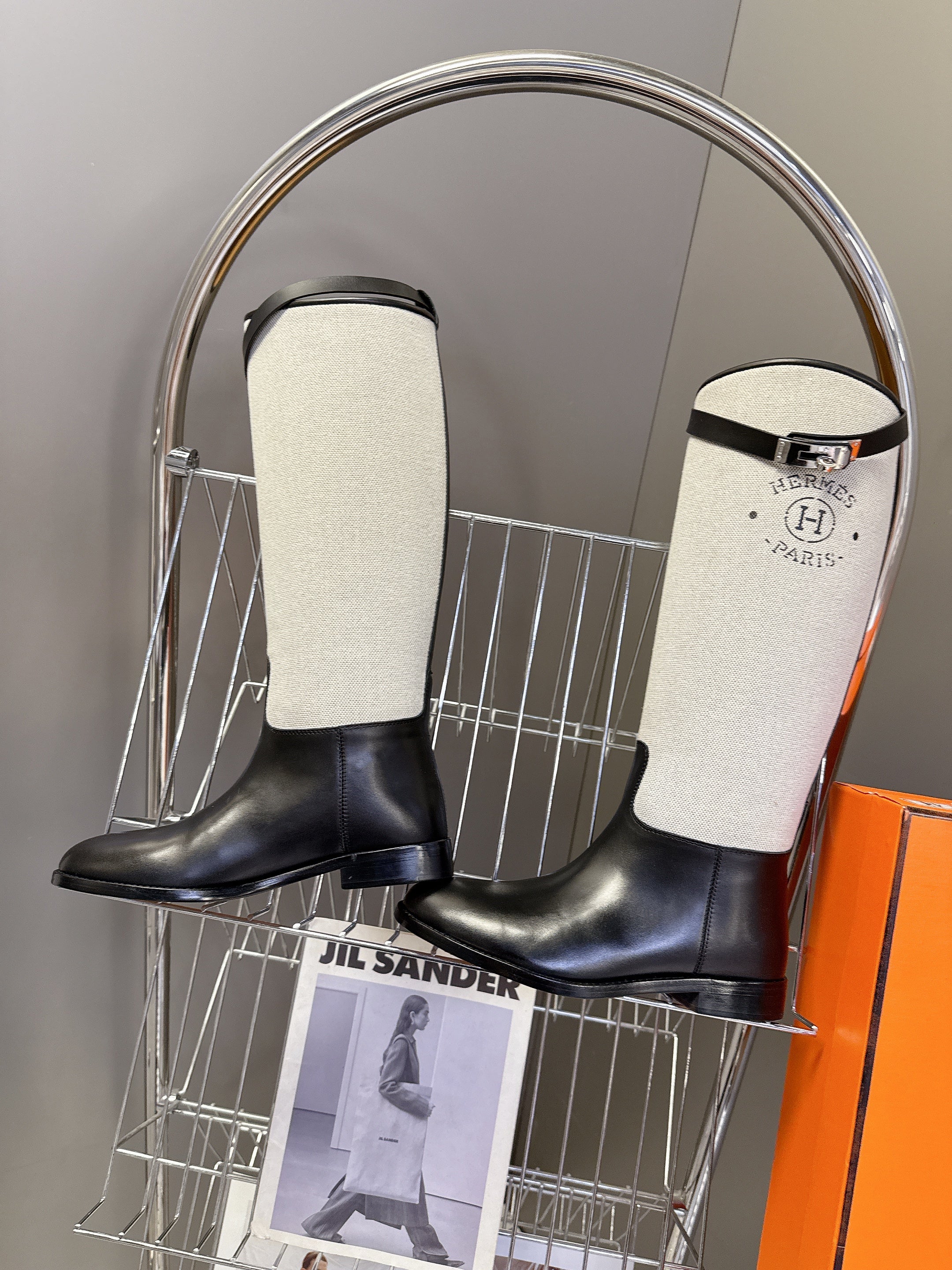 HM 25S JUMPING BOOT IN BLACK LAMBSKIN AND GREY CANVAS WITH SILVER HARDWARE