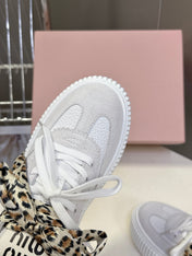 MIUMIU 25S SNEAKERS 45NN IN WHITE SUEDE WITH LEOPARD-PRINT LACES