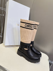 DIOR 25S D-MAJOR ANKLE BOOTS IN BLACK CALFSKIN AND LIGHT BEIGE FABRIC