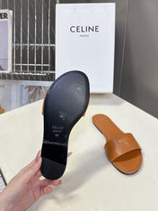 CELINE 26S FLAT SLIDES IN TAN BROWN LAMBSKIN