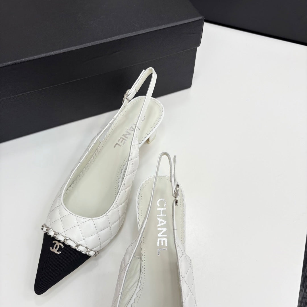 CC SLINGBACK 25S 30 MM IN WHITE LAMBSKIN MIX BLACK FABRIC