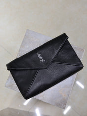 YSL 25S CASSANDRE LARGE ENVELOPE POUCH 29 IN BLACK CALFSKIN GRAY HARDWARE