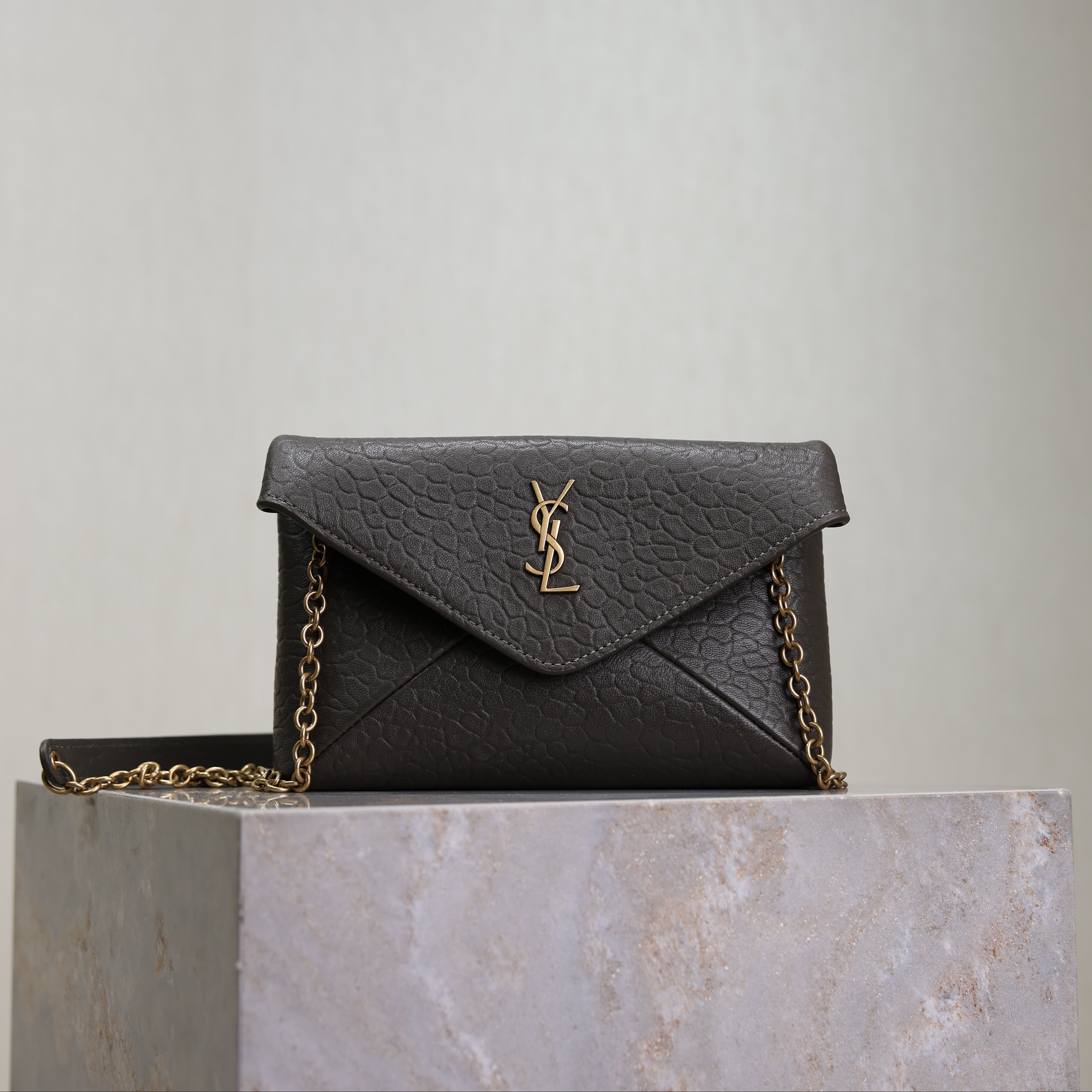 YSL 25S CALYPSO MINI 19 IN CHARCOAL GRAY LAMBSKIN GOLD HARDWRE