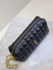YSL 25S CASSANDRE MATELASSÉ CARRÉ POUCH ON CHAIN 18 IN BLACK LAMBSKIN