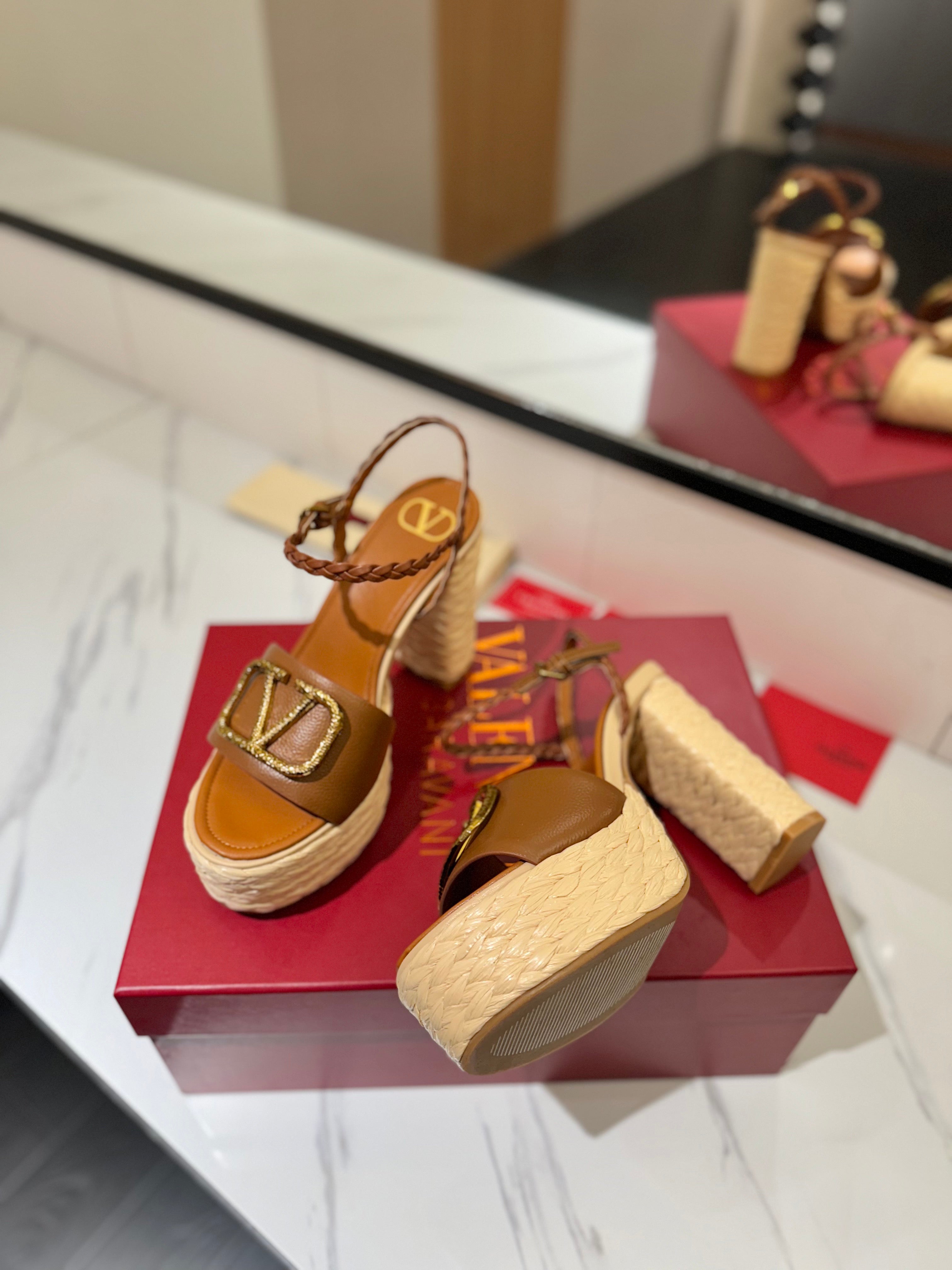 VLTN ESPADRILLE WEDGE SANDALS 25S 115 MM IN BROWN LAMBSKIN WITH GOLD HARDWARE