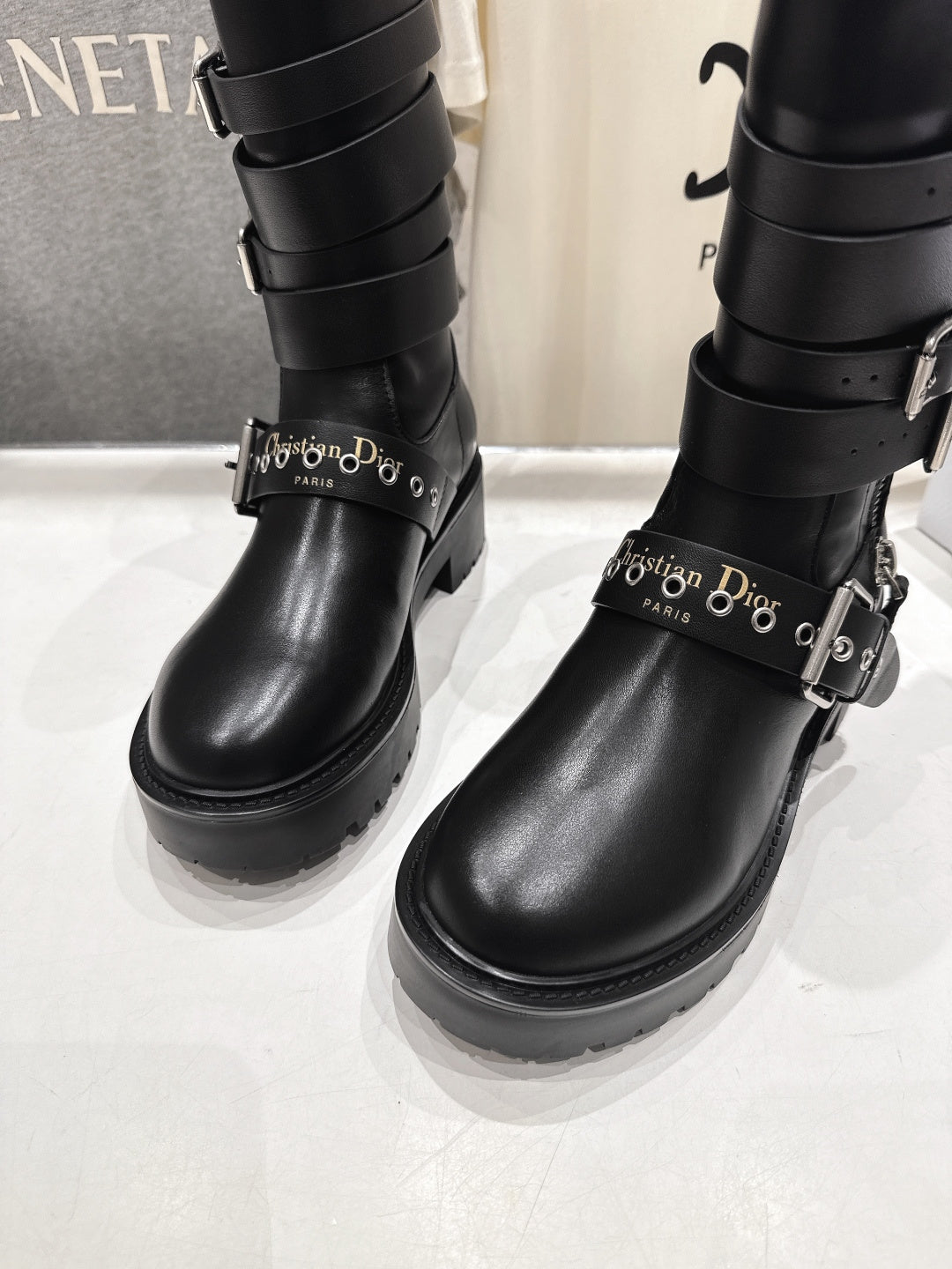 DIOR 25S BIKER BOOTS IN BLACK CALFSKIN WITH SILVER HARDWARE