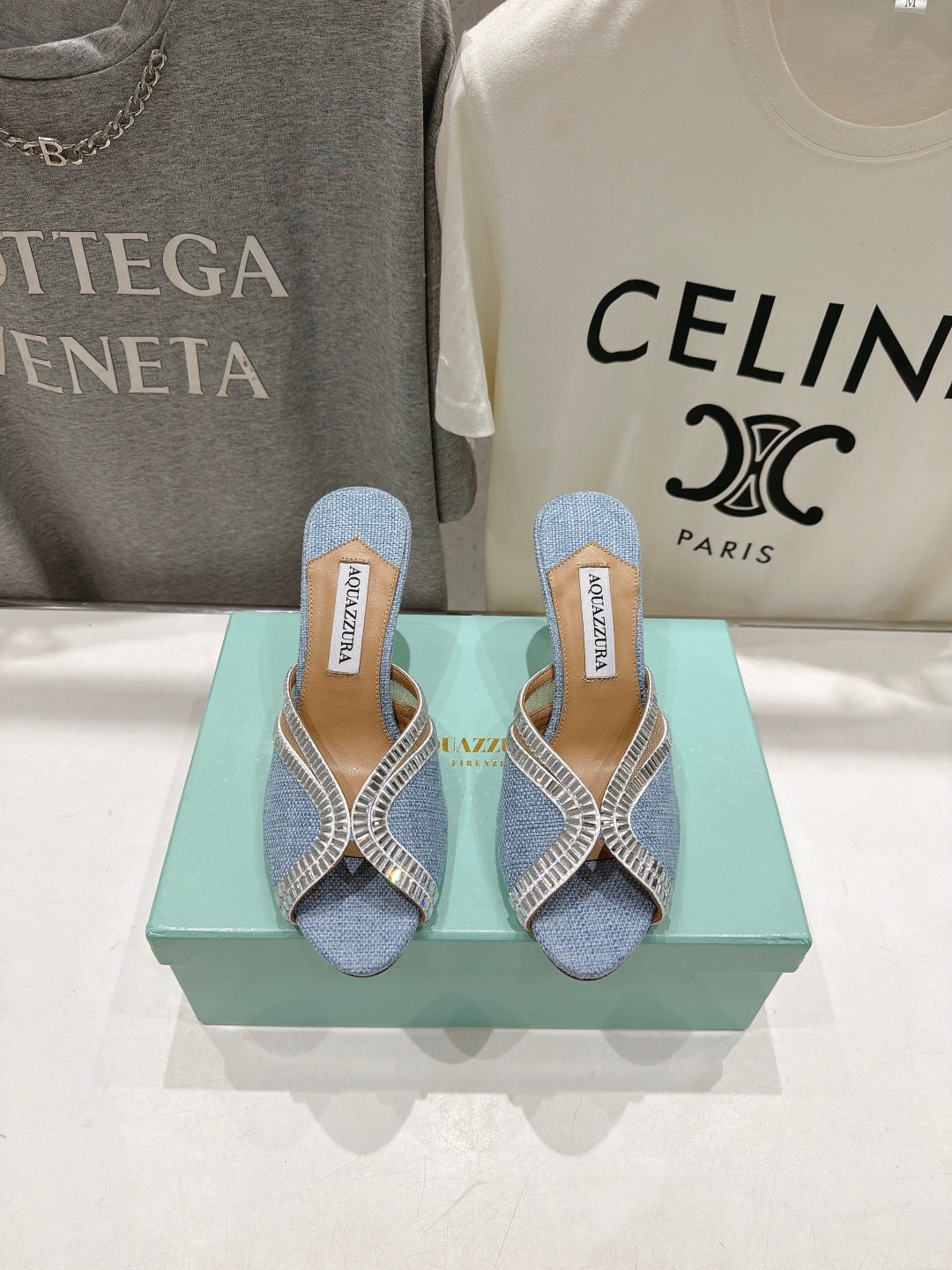 AQUAZZURA 26S HEEL SANDALS 80 MM IN SKY BLUE CANVAS WITH CRYSTALS