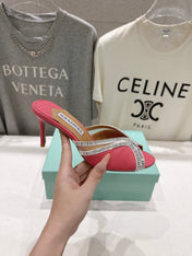AQUAZZURA 26S HEEL SANDALS 80 MM IN CORAL PINK CANVAS WITH CRYSTALS