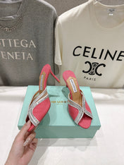 AQUAZZURA 26S HEEL SANDALS 80 MM IN CORAL PINK CANVAS WITH CRYSTALS