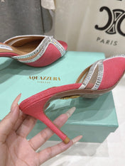 AQUAZZURA 26S HEEL SANDALS 80 MM IN CORAL PINK CANVAS WITH CRYSTALS
