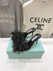 AQUAZZURA 26S BOUQUET HEELED SANDALS 80 MM IN BLACK SATIN & CALFSKIN