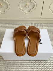 CELINE 26S TRIOMPHE SLIDE SANDALS IN TAN BROWN CALFSKIN
