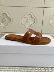 CELINE 26S TRIOMPHE SLIDE SANDALS IN TAN BROWN CALFSKIN