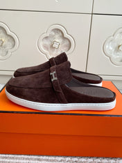 HM 25S MULES IN DARK BROWN SUEDE WITH SILVER HARDWARE