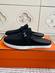 HM 25S MULES IN BLACK SUEDE WITH SILVER HARDWARE