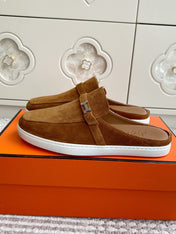 HM 25S MULES IN BROWN SUEDE WITH SILVER HARDWARE