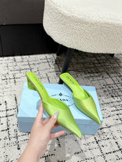 PRADA 25S POINTED-TOE MULES IN LIME GREEN SATIN