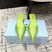 PRADA 25S POINTED-TOE MULES IN LIME GREEN SATIN