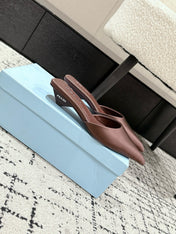 PRADA 25S POINTED-TOE MULES IN DARK BROWN SATIN