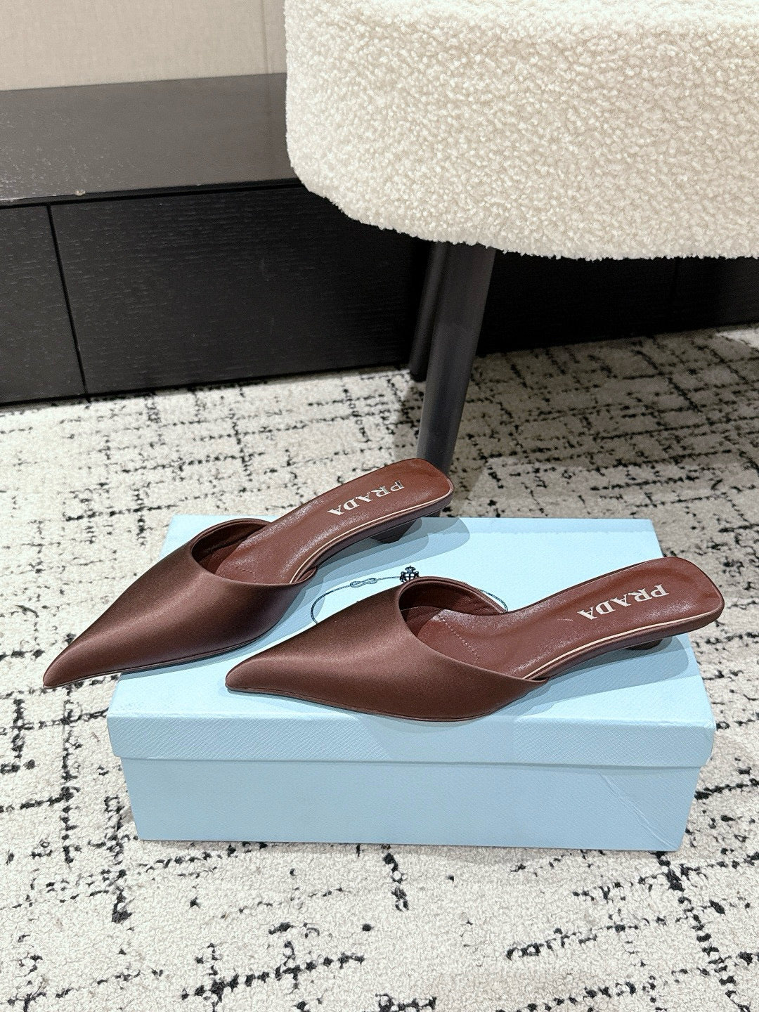 PRADA 25S POINTED-TOE MULES IN DARK BROWN SATIN