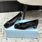 PRADA 25S SQUARE TOE HIGH HEELS IN BLACK GLOSSY CALFSKIN