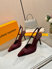 LV 26S SLINGBACK PUMPS 90 MM IN DARK RED FABRIC AND CALFSKIN
