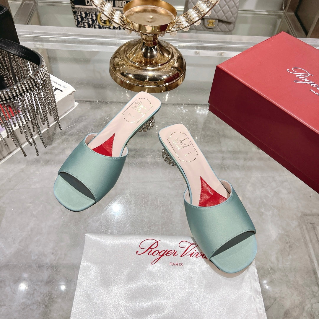 CRYSTAL HEEL MULE IN LIGHT BLUE-GREEN SILK