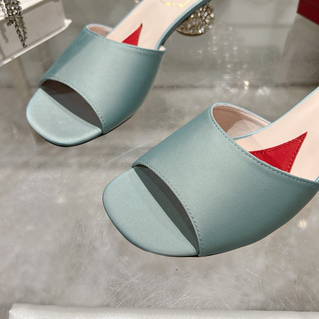 CRYSTAL HEEL MULE IN LIGHT BLUE-GREEN SILK