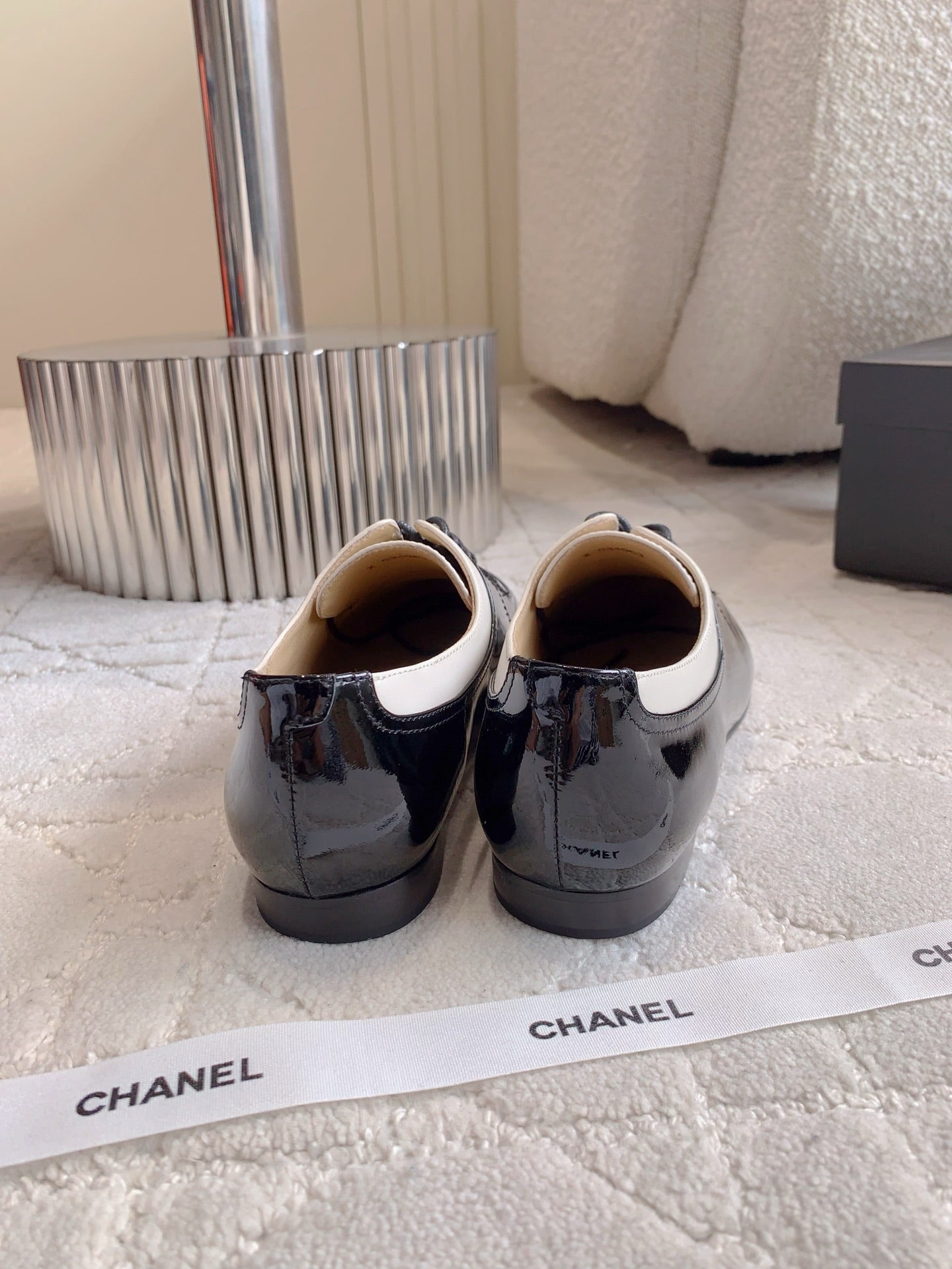 CHANEL 25S TWO TONE LACE UP IN BLACK AND WHITE SHINY CALFSKIN