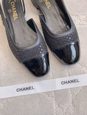 CHANEL 25S SLINGBACK IN SPARKLING BLACK CALFSKIN AND CANVAS GOLD HARDWARE