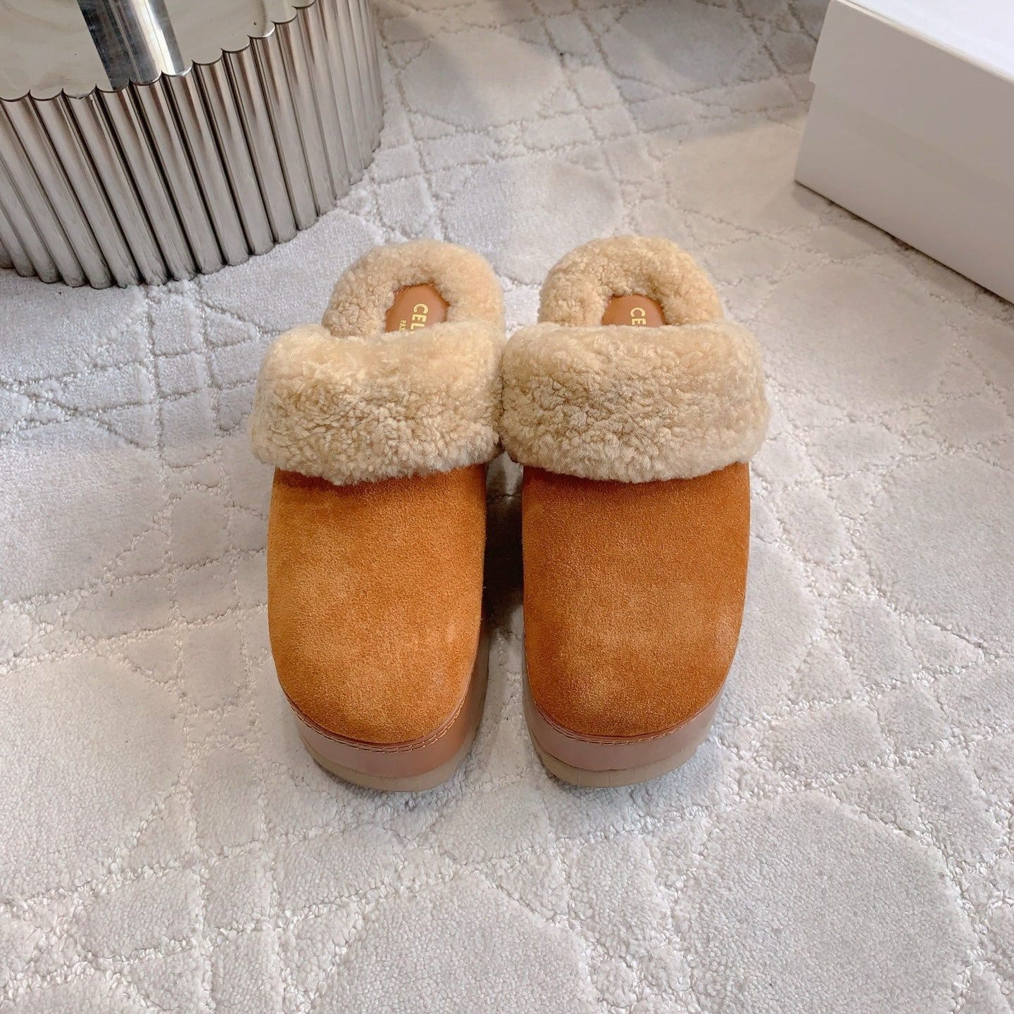 CELINE 25S DANA WEDGE MULE 70MM IN BURNT ORANGE SUEDE CALFSKIN AND SHEARLING