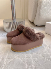 CELINE 25S DANA WEDGE MULE 70MM IN DARK BROWN SUEDE CALFSKIN AND SHEARLING