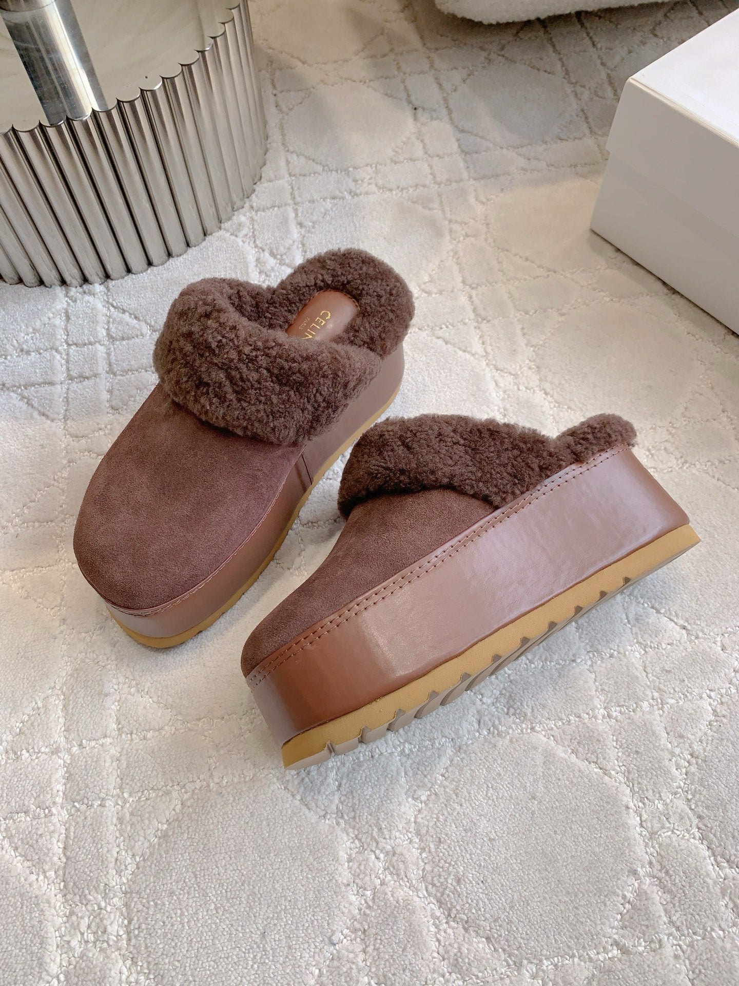 CELINE 25S DANA WEDGE MULE 70MM IN DARK BROWN SUEDE CALFSKIN AND SHEARLING