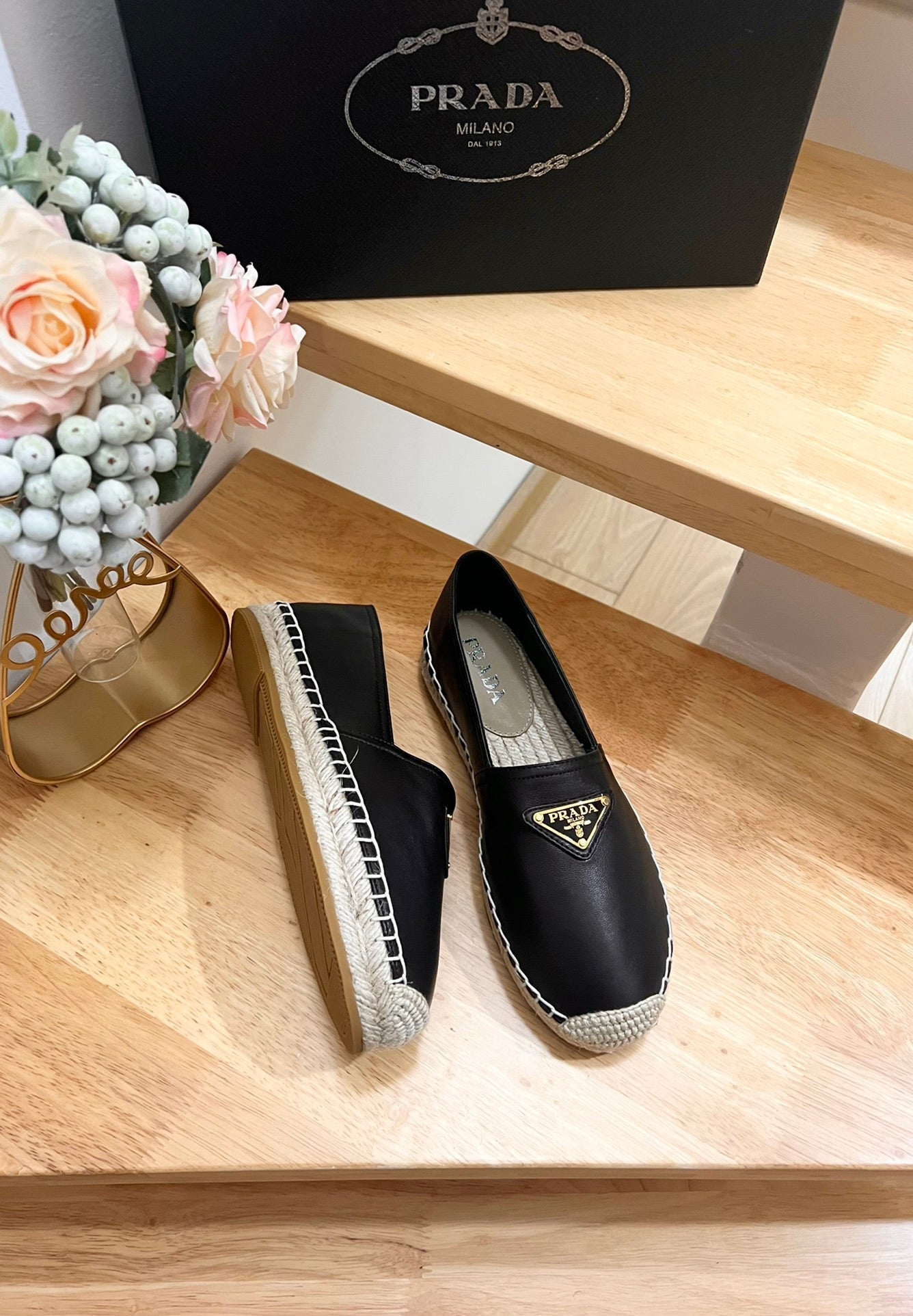 PRADA 26S LOGO ESPADRILLE SLIP ON FLATS IN BLACK CALFSKIN